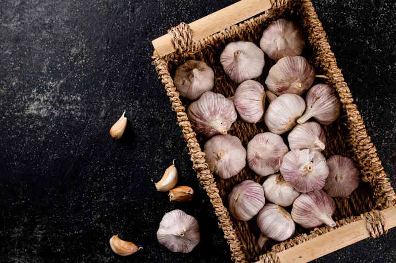 Fresh garlic in a basket. On a black background.