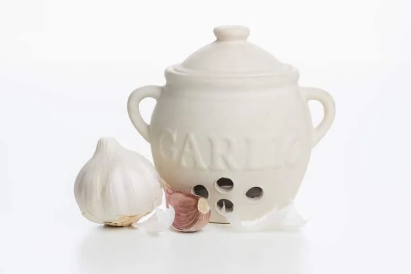 A bulb and clove of fresh garlic with a ceramic garlic keeper storage pot