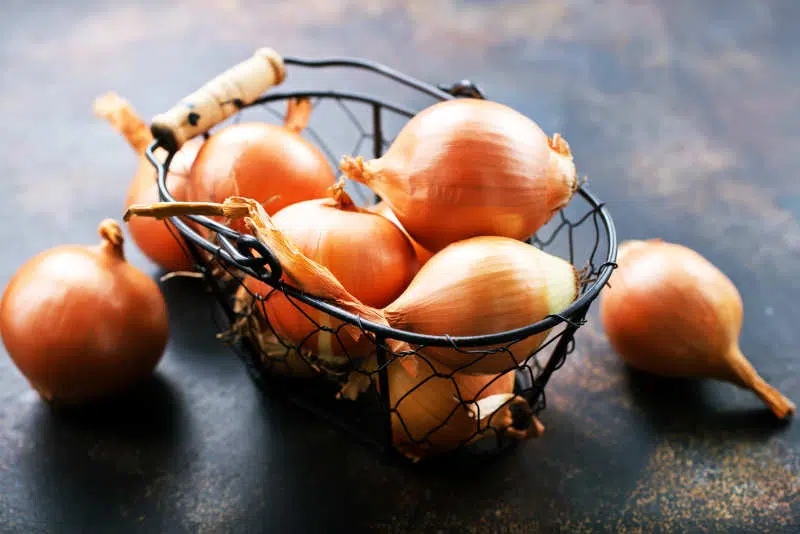 Onions in a basket put on the table