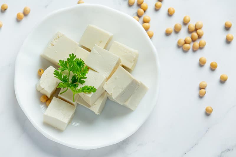 Tofu made from soybeans in a bowl