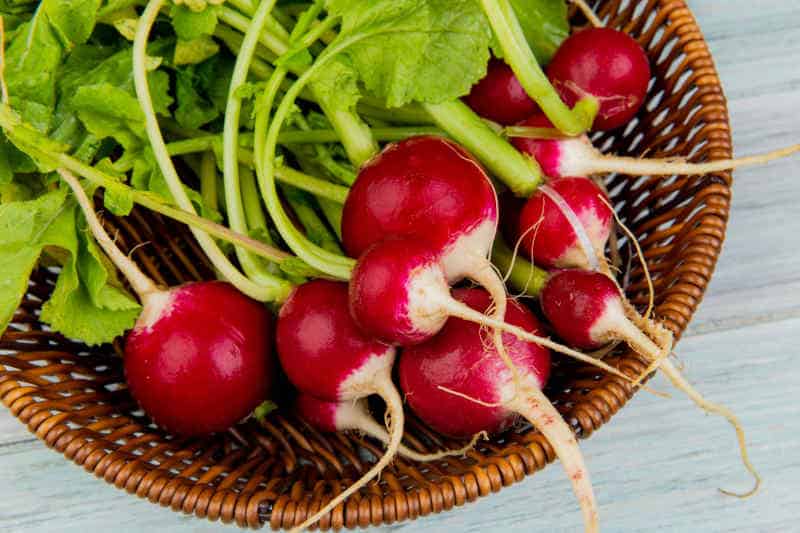 Freash radishes in a basket on wooden board