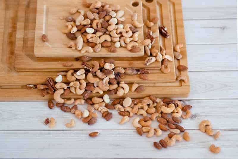 Nuts on the bamboo cutting board