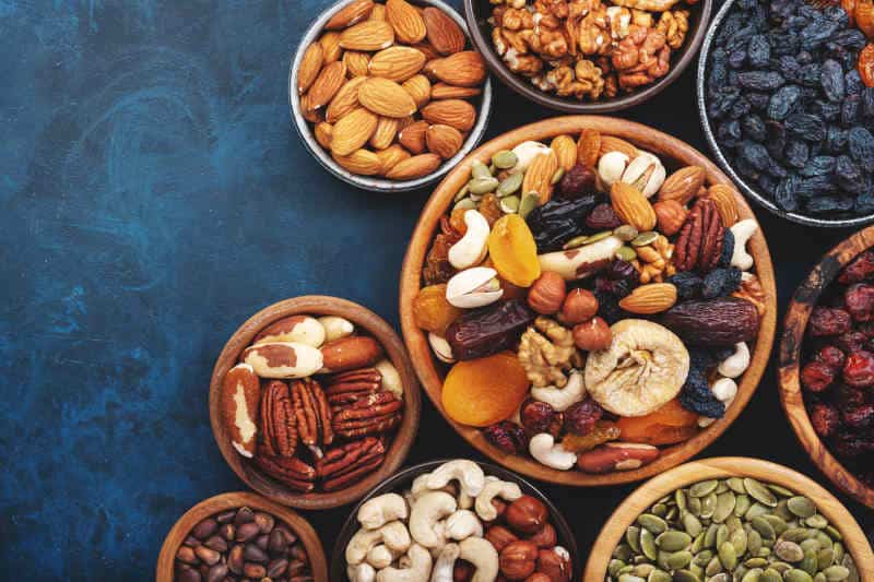 Dry apricots, figs, raisins, walnuts, almonds and other.