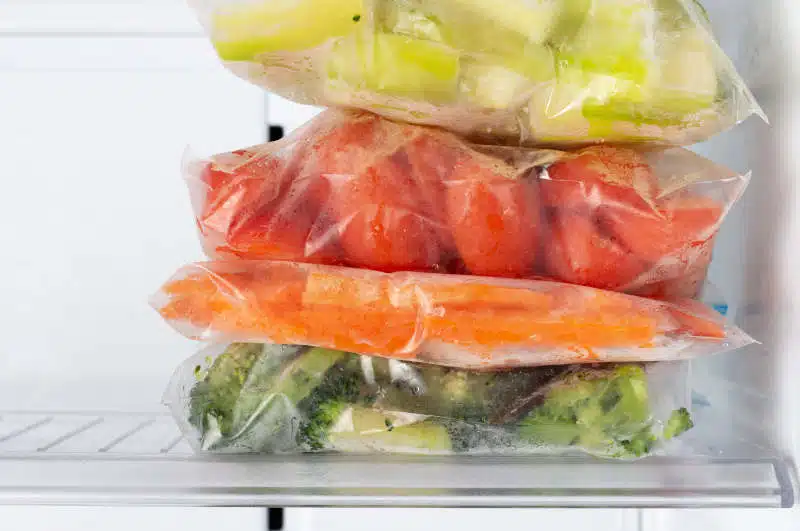 Frozen vegetables in plastic bags in freezer close-up