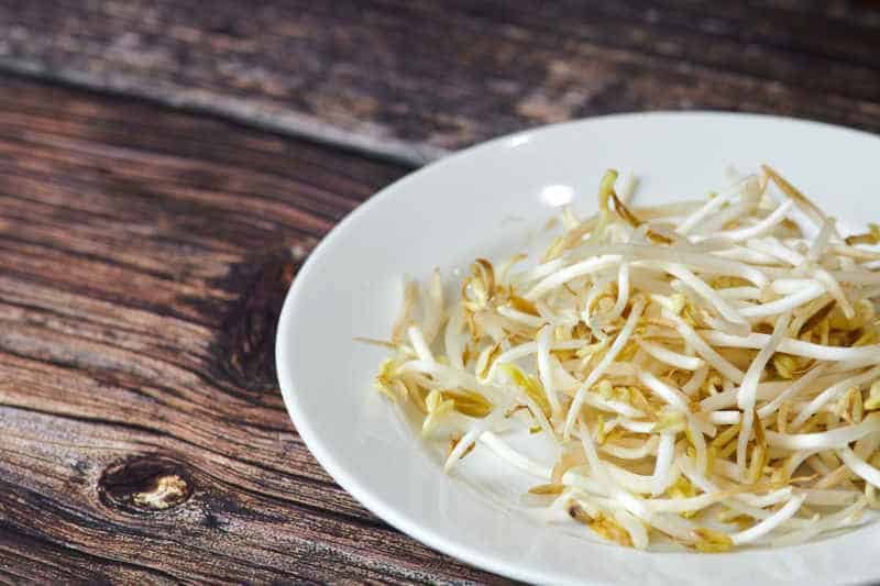 Mung bean sprouts in plate. Raw organic healthy food.