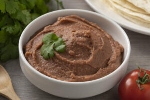 Bowl with Mexican brown refried beans paste