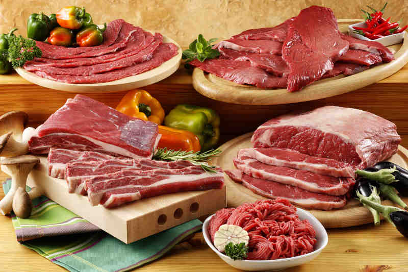 Raw beef meat, steaks, fillets and mince