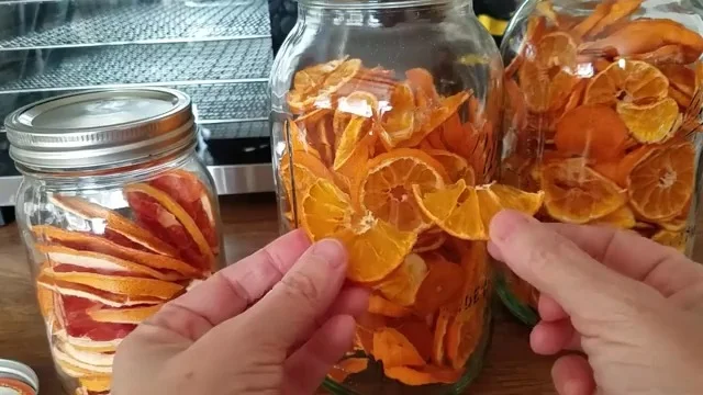Women showing dehydrated piece of orange infront of orange jar