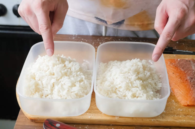 Rice porridge in plastic containers, preparing food